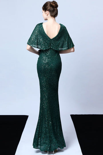 Mermaid V Neck Dark Green Sequins Long Prom Dress with Short Sleeves